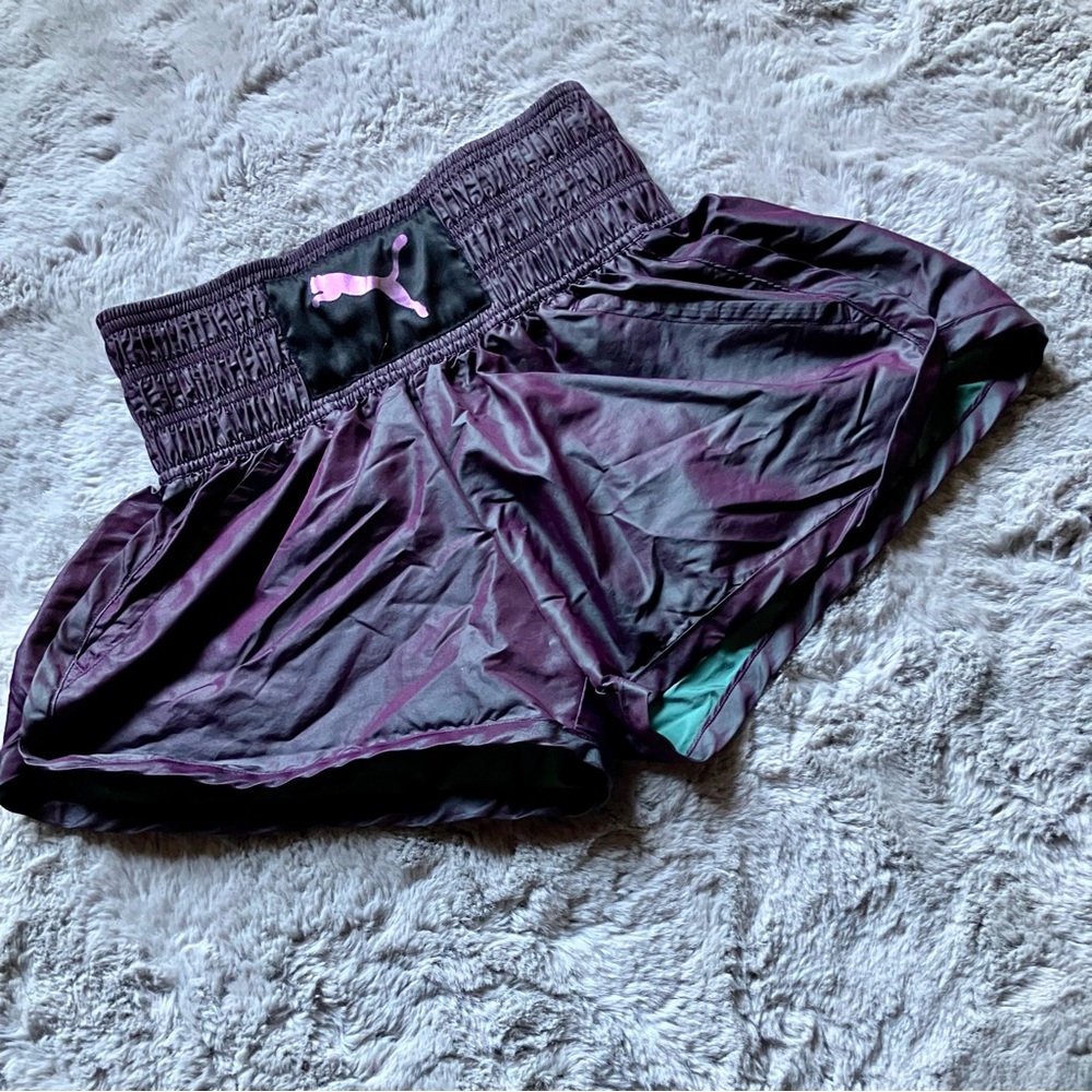 Puma Dri-fit shorts in metallic iridescent purple green, extra small